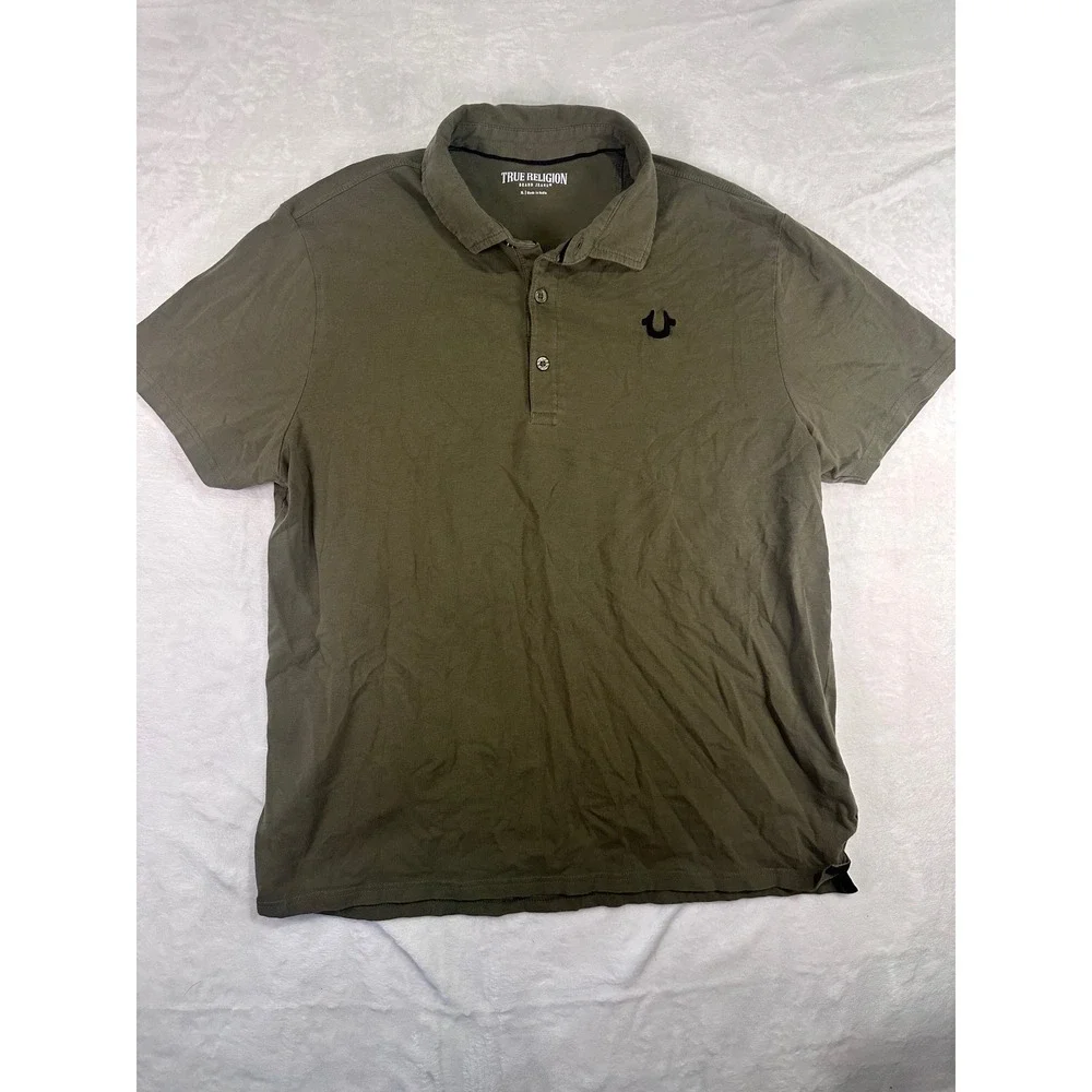 True Religion Polo Shirt XL Olive Green Horseshoe Logo Short Sleeve Mens